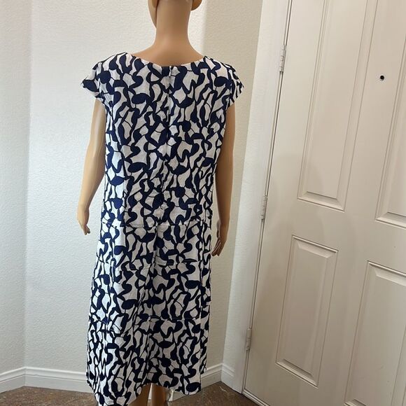 Anne Klein Dress Size 14W Scoop Neck Cap Sleeve Midi Blue White Zipper Back - Picture 7 of 11
